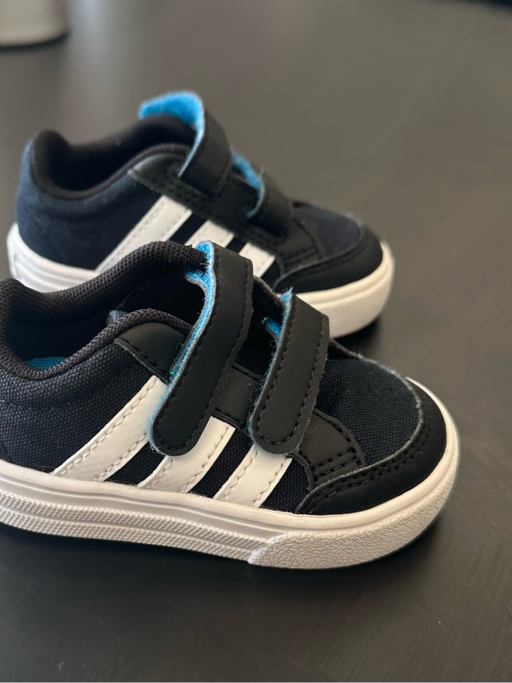 adidas Originals Kids Black & White Velcro Sneakers with Blue Lining